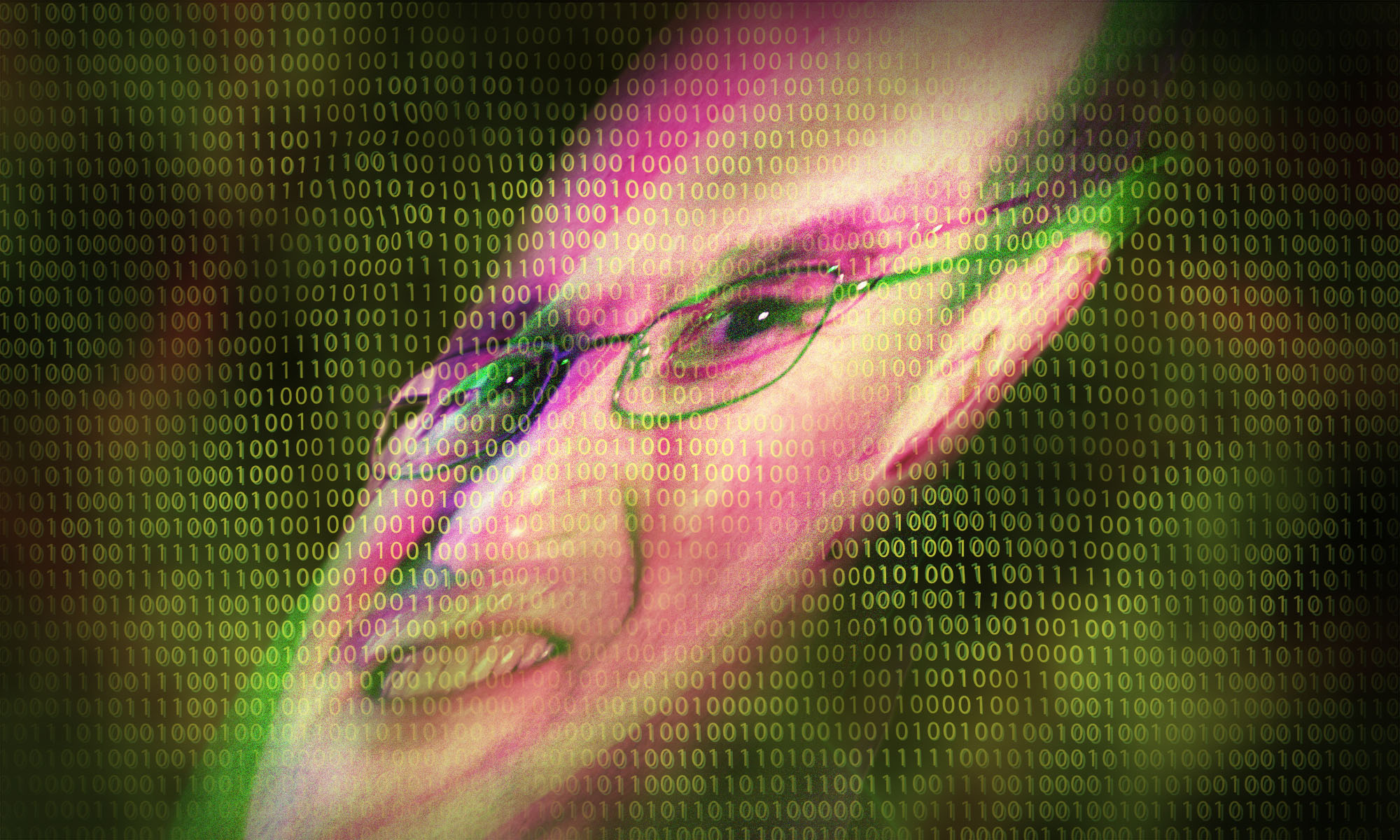 Abstract distorted image of Chris Hughes with computer code over the top