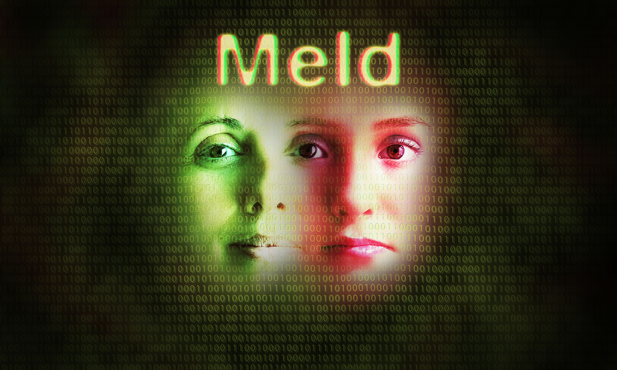 Meld cover image with tittle and two faces side by side blended together